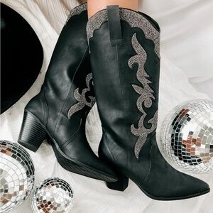 Qupid Black Heeled Boots with Silver Accents